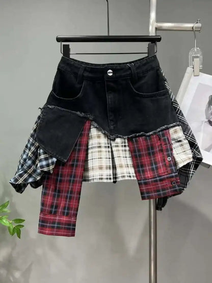 Patchwork Plaid Skirts Denim Short High Waist Wrapped