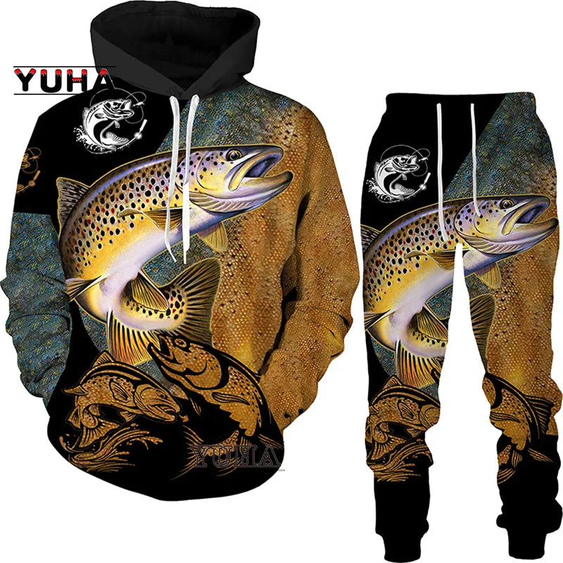 New 3D Fishing Art Print Casual Couple Hoodies Outfits Hip Hop Streetwear Hooded Sweatshirt+Sweat Pants Men's Tracksuit Set
