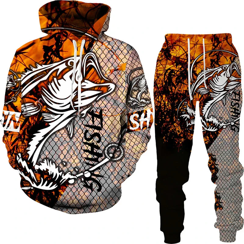 New 3D Fishing Art Print Casual Couple Hoodies Outfits Hip Hop Streetwear Hooded Sweatshirt+Sweat Pants Men's Tracksuit Set