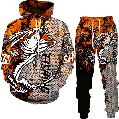 New 3D Fishing Art Print Casual Couple Hoodies Outfits Hip Hop Streetwear Hooded Sweatshirt+Sweat Pants Men's Tracksuit Set