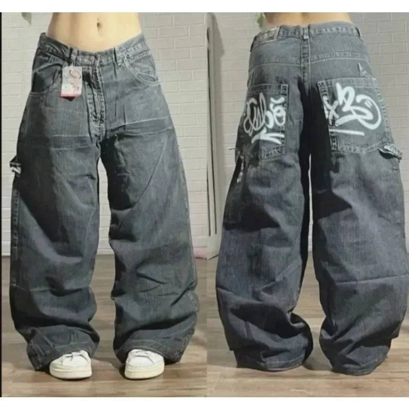 2023 New American Harajuku retro skull print straight high waist Y2K women's washed grey jeans Streetwear Gothic wide trousers