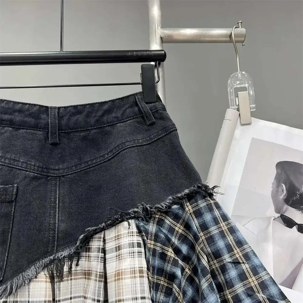 Patchwork Plaid Skirts Denim Short High Waist Wrapped