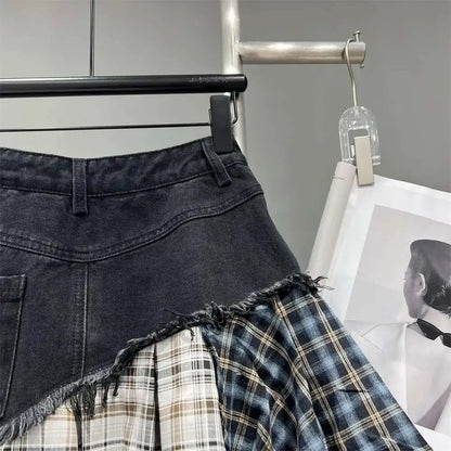 Patchwork Plaid Skirts Denim Short High Waist Wrapped