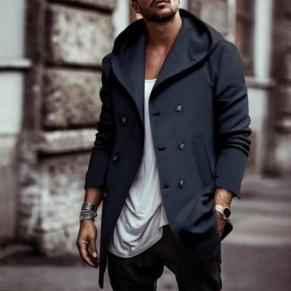 Men’s Double-Breasted Hooded Windbreaker Jacket