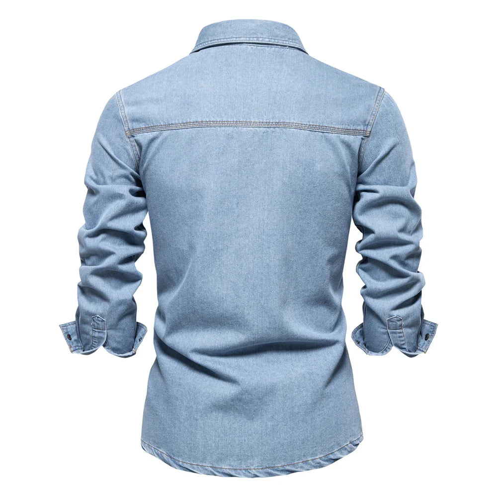 AIOPESON Brand New Mens 100% Cotton Denim Shirts Double Pocket Casual Cowboy Mens Shirts Long Sleeve Autumn Jeans Shirts for Men