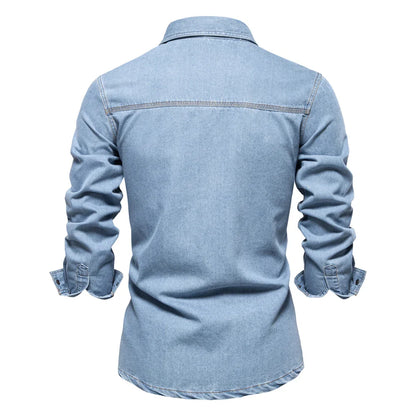 AIOPESON Brand New Mens 100% Cotton Denim Shirts Double Pocket Casual Cowboy Mens Shirts Long Sleeve Autumn Jeans Shirts for Men