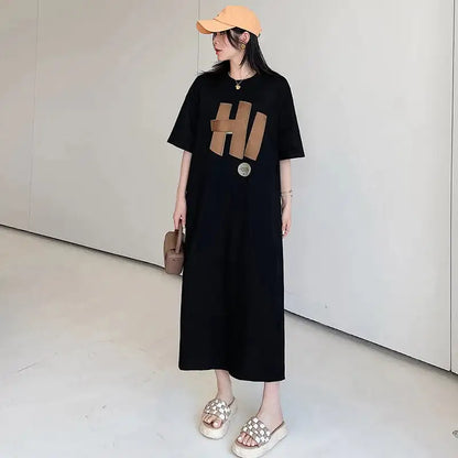 Harajuku Graphic White Long Dress Woman Clothing Y2k Casual Short Sleeve O-Neck Korean Fashion Summer Womens Loose Dresses 2024