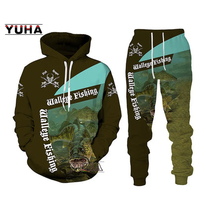 New 3D Fishing Art Print Casual Couple Hoodies Outfits Hip Hop Streetwear Hooded Sweatshirt+Sweat Pants Men's Tracksuit Set