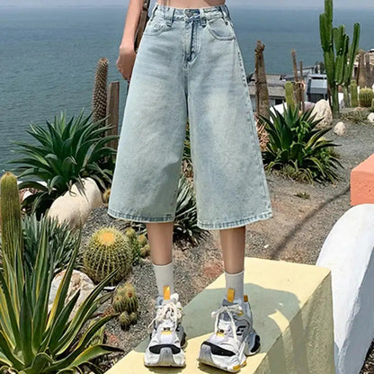 Female Summer American Vintage Baggy Denim Cropped Pants Woman High Waist Washed Wide Leg Jeans Light Blue Loose A Line Shorts