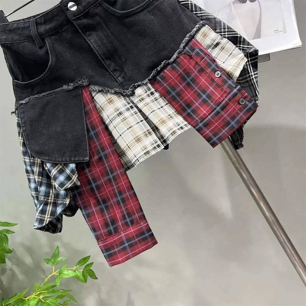 Patchwork Plaid Skirts Denim Short High Waist Wrapped