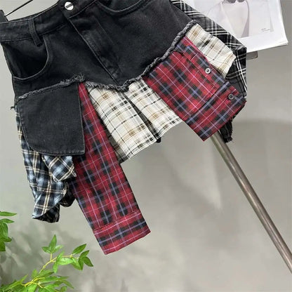 Patchwork Plaid Skirts Denim Short High Waist Wrapped
