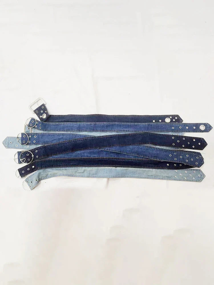 Fashion Denim Skirt Belt Waist Washed Metal Hole