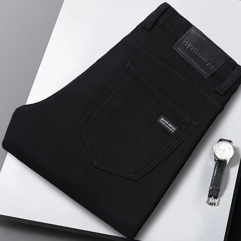 2024 New Winter Pure Black Fleece Thick Warm Jeans Men's loose Straight Elastic Denim Pants classics Casual Plush Trousers