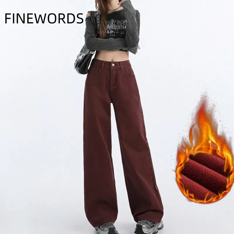 FINEWORDS Retro Angela Red Winter Jeans Women Thicken Cashmere High Waist Baggy Jeans Streetwear Casual Wide Leg Denim Pants