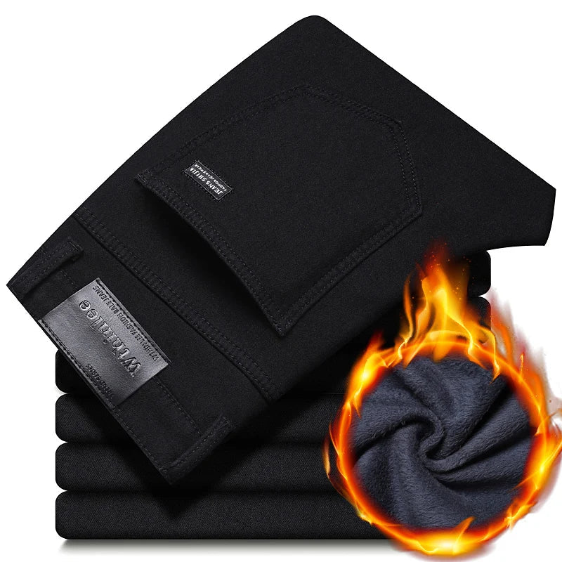 2024 New Winter Pure Black Fleece Thick Warm Jeans Men's loose Straight Elastic Denim Pants classics Casual Plush Trousers