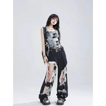 Women's Gothic Black Jeans High Waist Vintage Korean Fashion Y2k Streetwear Ripped Pants Harajuku Casual Wide Leg Denim Trousers