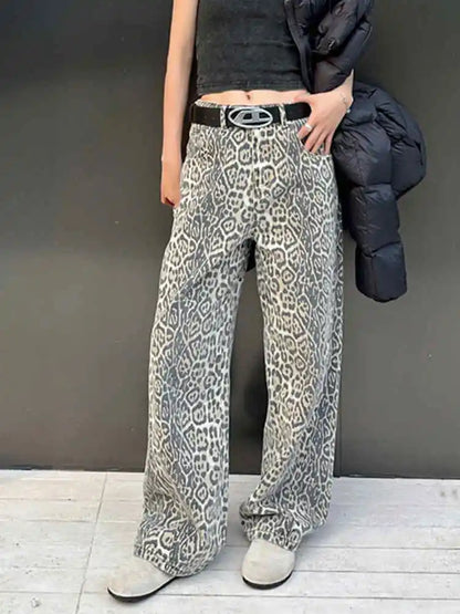 Y2k Vintage Leopard Print Loose Women Jeans Autumn New Classic Straight High Waist Slim Casual Fashion Female Jeans 2024 New