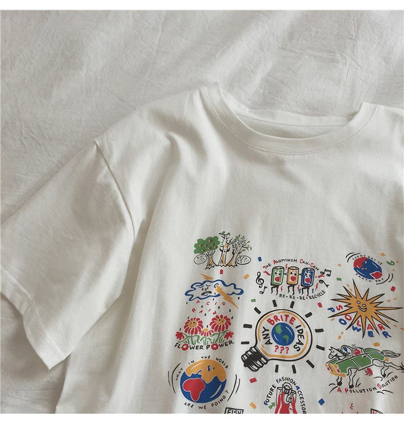 Loose Summer Cartoon Graphic Cotton Shirt