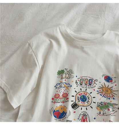 Loose Summer Cartoon Graphic Cotton Shirt
