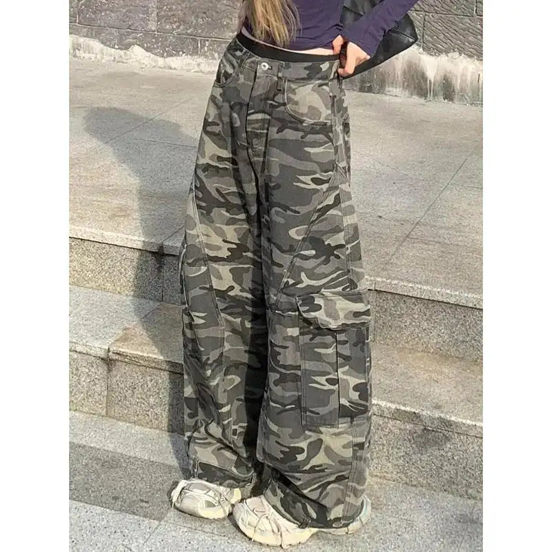 Autumn Winter New Low Rise Jeans Y2k Ladies American High Street Baggy Pants Woman Camouflage Drawstring Mop Jeans for Women