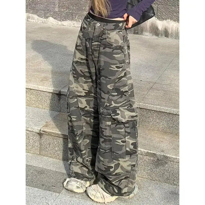 Autumn Winter New Low Rise Jeans Y2k Ladies American High Street Baggy Pants Woman Camouflage Drawstring Mop Jeans for Women