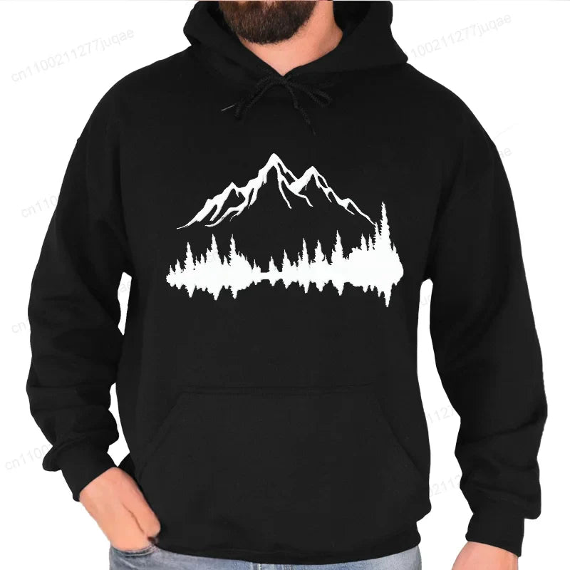Sporty Streetwear Mountains Graphic Pullover Hoodie