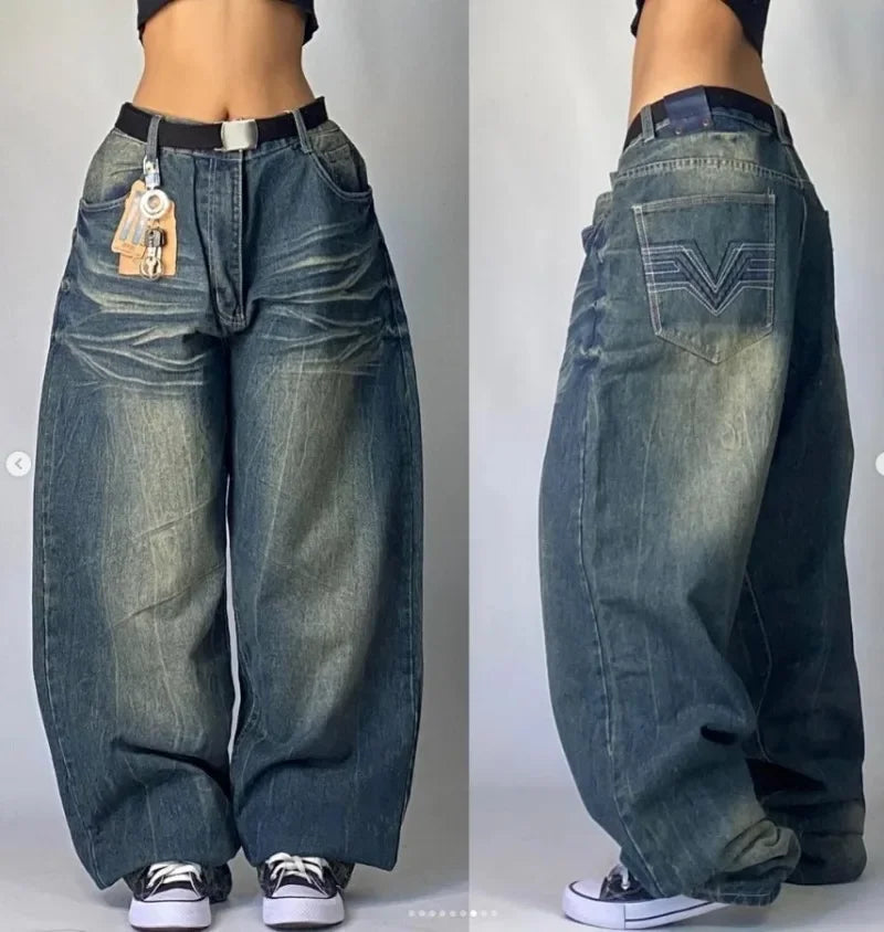 2023 New American Harajuku retro skull print straight high waist Y2K women's washed grey jeans Streetwear Gothic wide trousers