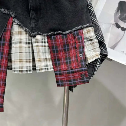 Patchwork Plaid Skirts Denim Short High Waist Wrapped