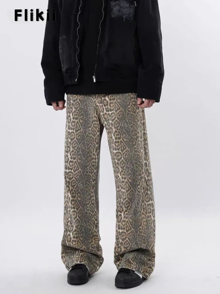 Y2k Vintage Leopard Print Loose Women Jeans Autumn New Classic Straight High Waist Slim Casual Fashion Female Jeans 2024 New