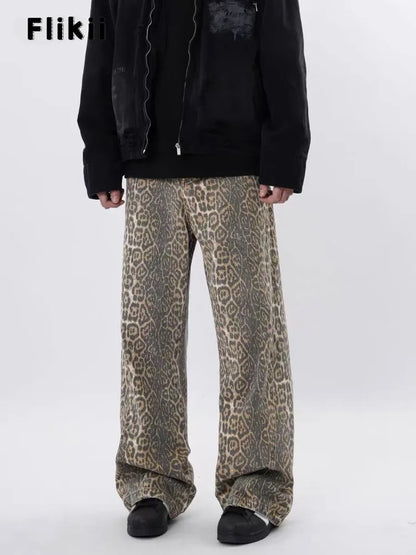 Y2k Vintage Leopard Print Loose Women Jeans Autumn New Classic Straight High Waist Slim Casual Fashion Female Jeans 2024 New