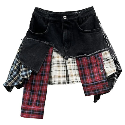 Patchwork Plaid Skirts Denim Short High Waist Wrapped