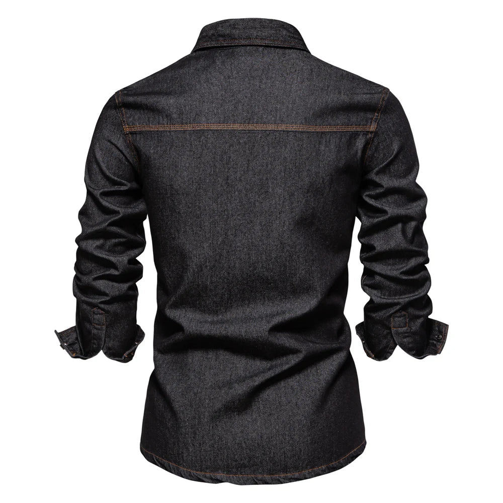 AIOPESON Brand New Mens 100% Cotton Denim Shirts Double Pocket Casual Cowboy Mens Shirts Long Sleeve Autumn Jeans Shirts for Men