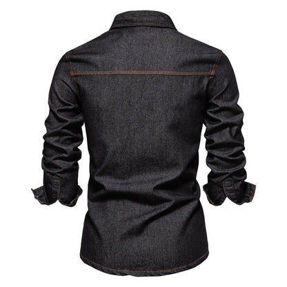 AIOPESON Brand New Mens 100% Cotton Denim Shirts Double Pocket Casual Cowboy Mens Shirts Long Sleeve Autumn Jeans Shirts for Men