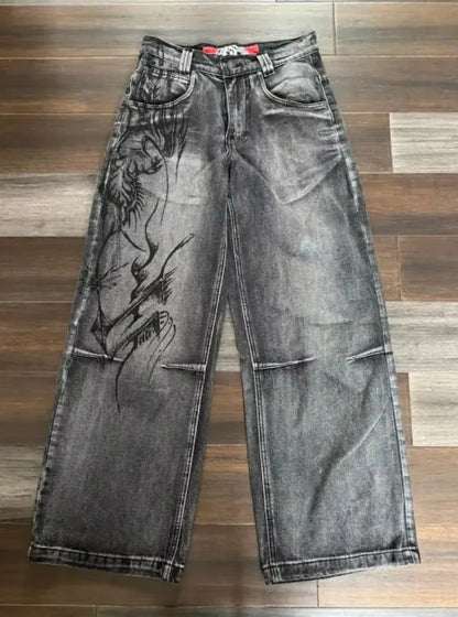 2023 New American Harajuku retro skull print straight high waist Y2K women's washed grey jeans Streetwear Gothic wide trousers