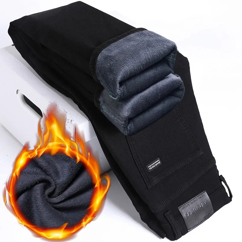 2024 New Winter Pure Black Fleece Thick Warm Jeans Men's loose Straight Elastic Denim Pants classics Casual Plush Trousers