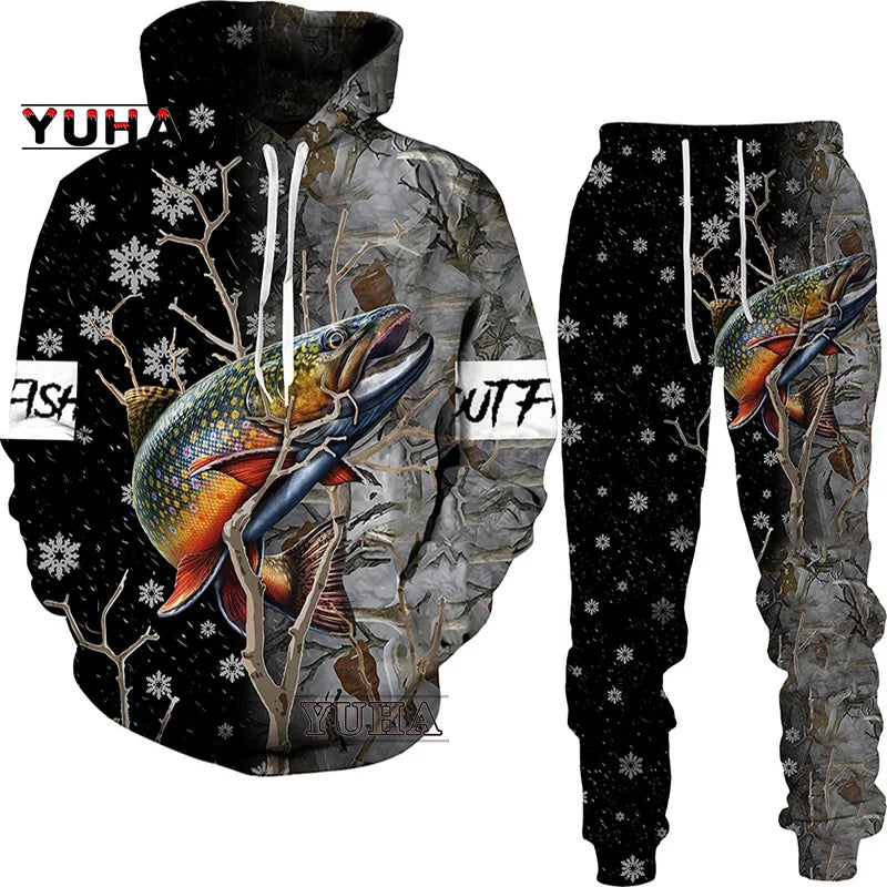 New 3D Fishing Art Print Casual Couple Hoodies Outfits Hip Hop Streetwear Hooded Sweatshirt+Sweat Pants Men's Tracksuit Set