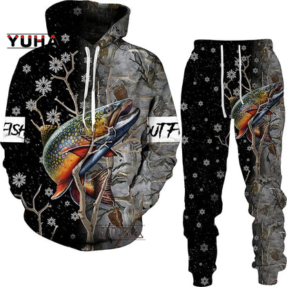 New 3D Fishing Art Print Casual Couple Hoodies Outfits Hip Hop Streetwear Hooded Sweatshirt+Sweat Pants Men's Tracksuit Set