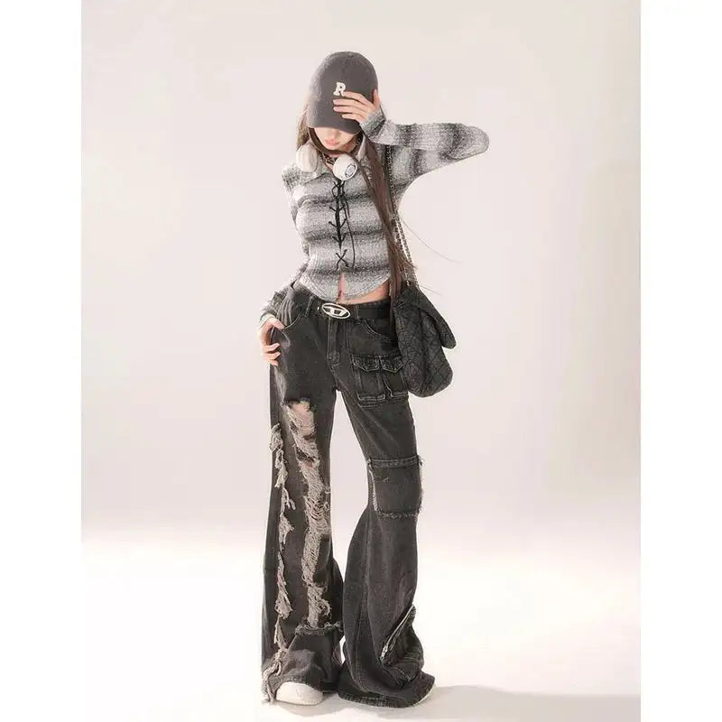 High Waist Ripped Women's Black Jeans Hip-hop Style Fashion Vintage Streetwear Y2K Wide Leg Jean 2024 Trouser Baggy Denim Pants