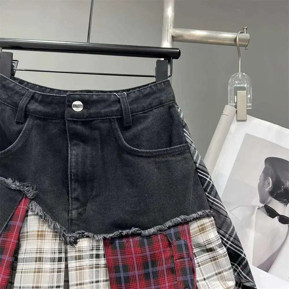 Patchwork Plaid Skirts Denim Short High Waist Wrapped
