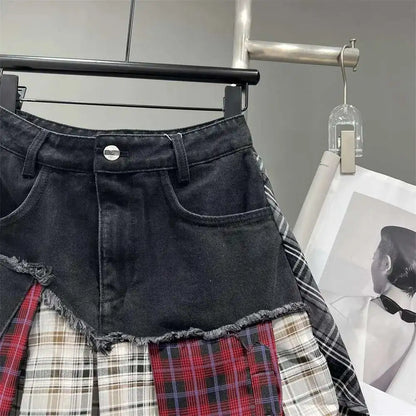 Patchwork Plaid Skirts Denim Short High Waist Wrapped