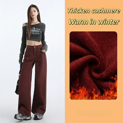 FINEWORDS Retro Angela Red Winter Jeans Women Thicken Cashmere High Waist Baggy Jeans Streetwear Casual Wide Leg Denim Pants