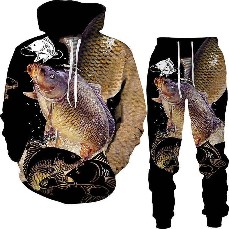 New 3D Fishing Art Print Casual Couple Hoodies Outfits Hip Hop Streetwear Hooded Sweatshirt+Sweat Pants Men's Tracksuit Set