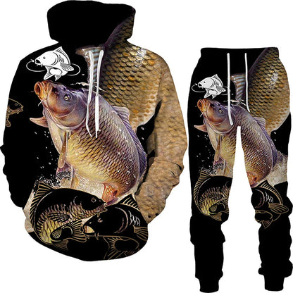 New 3D Fishing Art Print Casual Couple Hoodies Outfits Hip Hop Streetwear Hooded Sweatshirt+Sweat Pants Men's Tracksuit Set