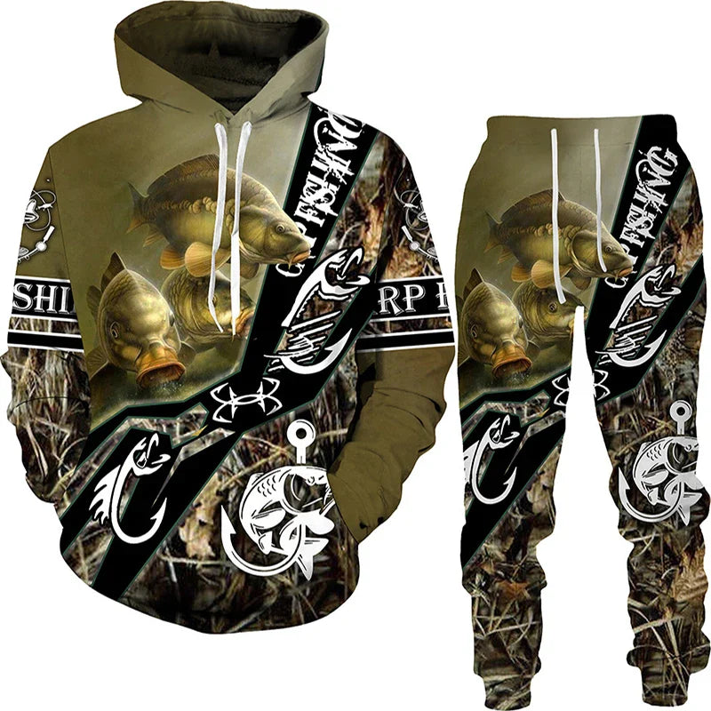 New 3D Fishing Art Print Casual Couple Hoodies Outfits Hip Hop Streetwear Hooded Sweatshirt+Sweat Pants Men's Tracksuit Set