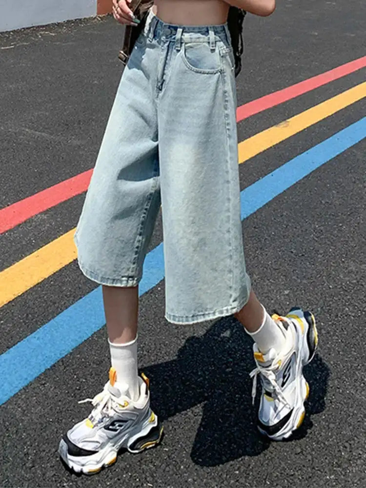 Female Summer American Vintage Baggy Denim Cropped Pants Woman High Waist Washed Wide Leg Jeans Light Blue Loose A Line Shorts