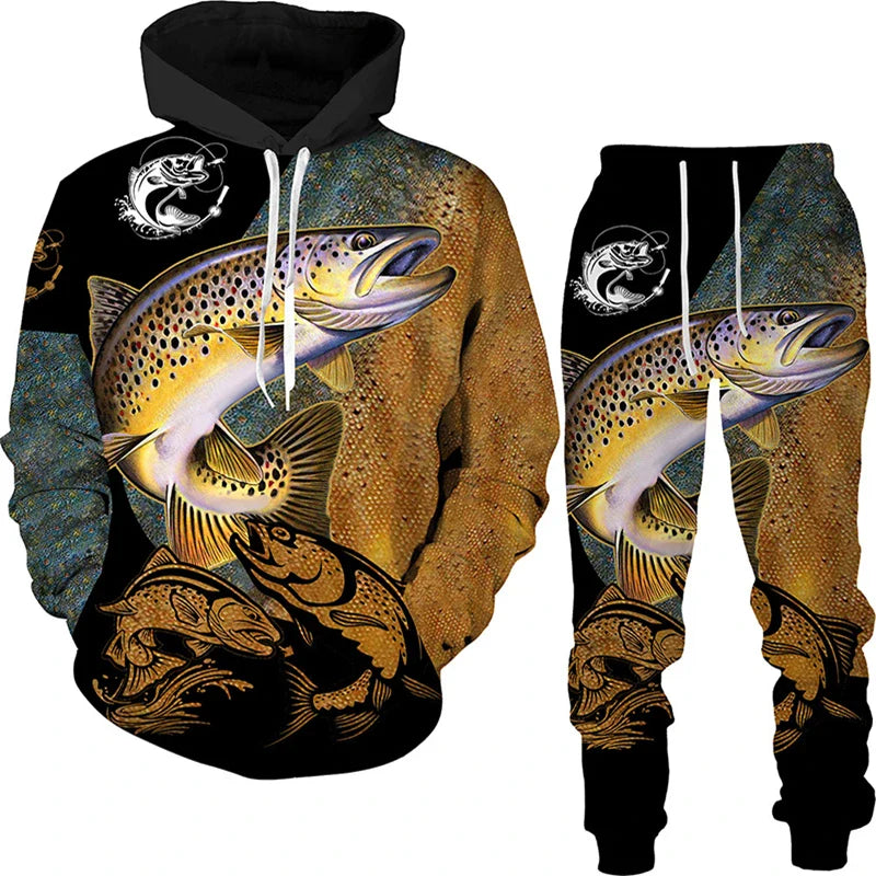 New 3D Fishing Art Print Casual Couple Hoodies Outfits Hip Hop Streetwear Hooded Sweatshirt+Sweat Pants Men's Tracksuit Set