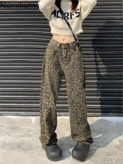 Vintage Leopard Print Pantalon Femme Wide Leg Pants Women High Waist Straight Y2k Jeans Casual Fashion Korean  Jean Trousers