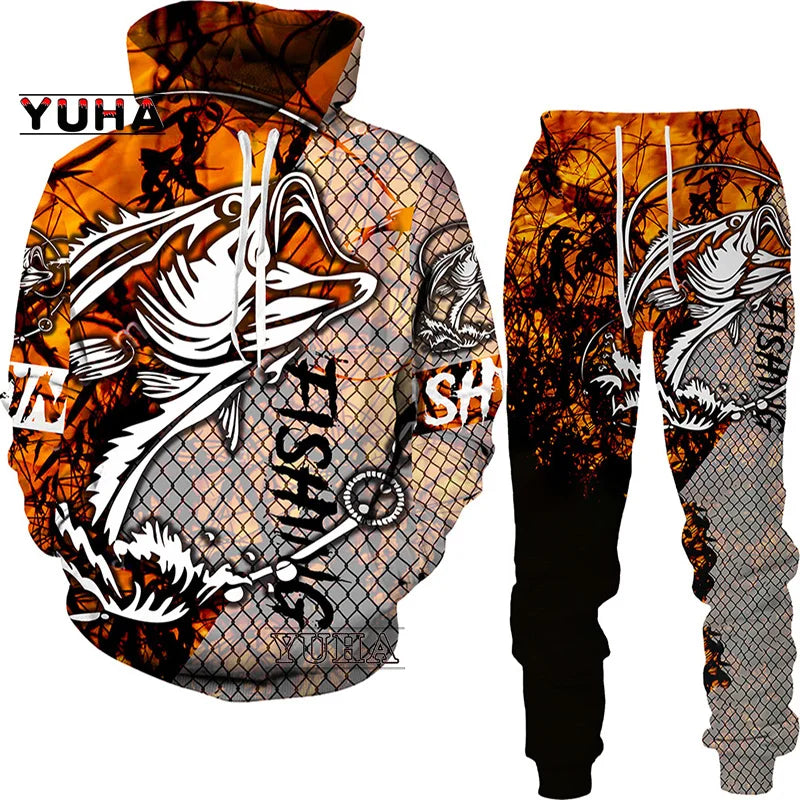 New 3D Fishing Art Print Casual Couple Hoodies Outfits Hip Hop Streetwear Hooded Sweatshirt+Sweat Pants Men's Tracksuit Set