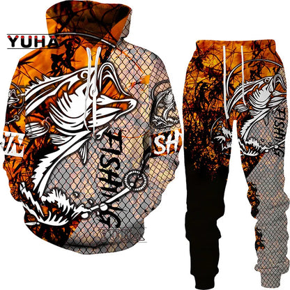 New 3D Fishing Art Print Casual Couple Hoodies Outfits Hip Hop Streetwear Hooded Sweatshirt+Sweat Pants Men's Tracksuit Set