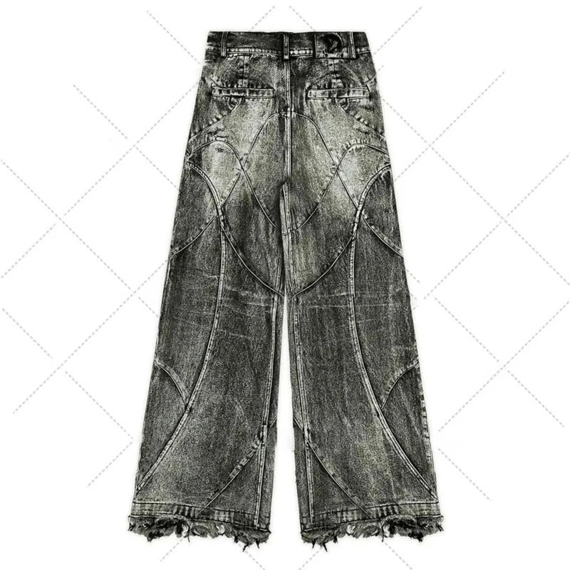 PFNW Spliced Design Washed Denim Jeans Men's Streetwear Fashion Straight Leg Denim Pants Hip Hop Trendy Trousers Spring 28W4634